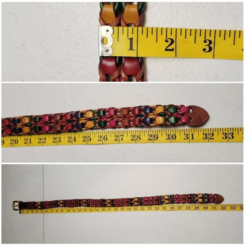 Vintage Woven Multicolor Leather Belt with Gold Tone Buckle